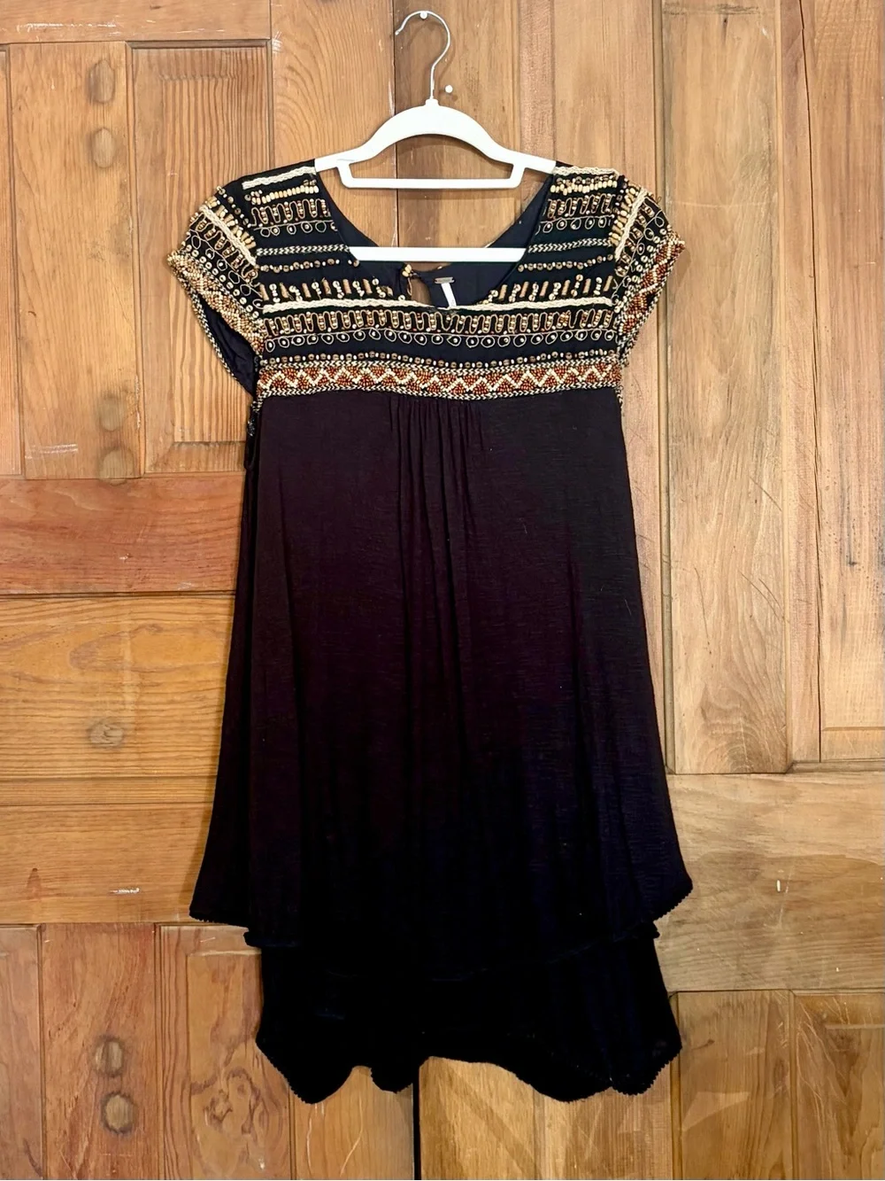 Free People – Embellished Boho Babydoll Tunic Mini Dress – Black Ivory – Sz. L
